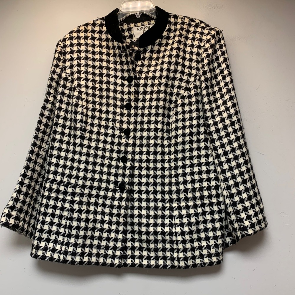 Kasper II Blazer Womens 18W Black White Excellent Wool Houndstooth Velvet Collar